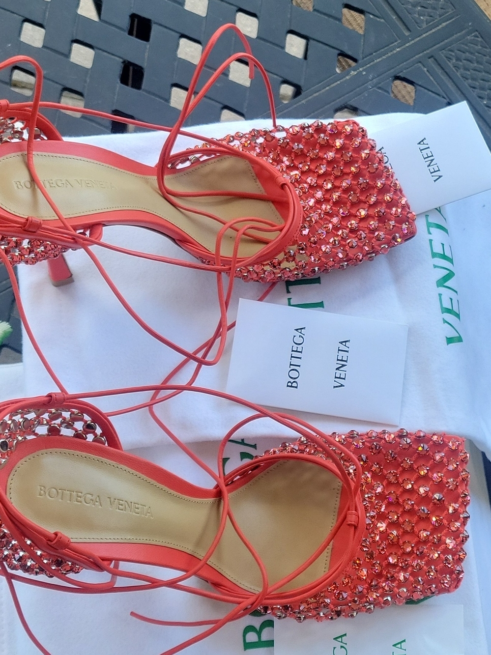 Bottega Veneta Coral Crystal Lace-Up Square-Toe Heels - Picture 3 of 5